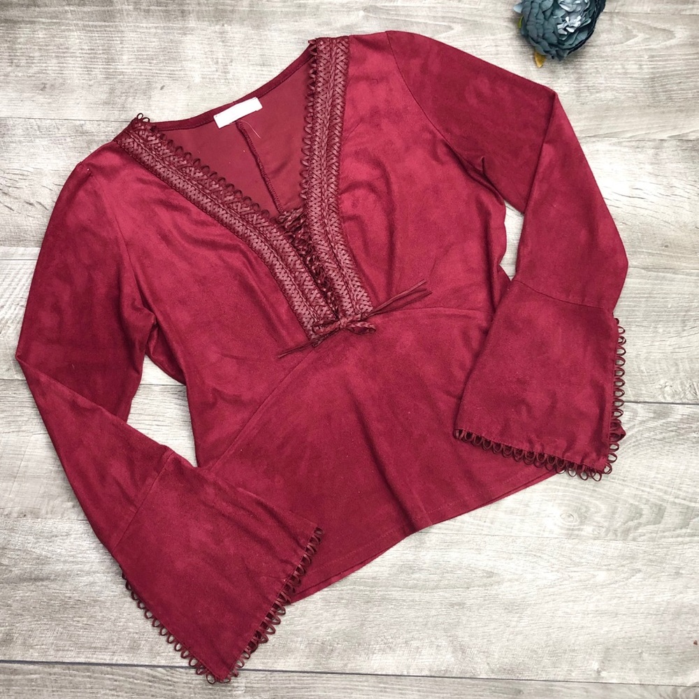 VINTAGE MAJE SUEDE BURGUNDY BELL SLEEVE PEPLUM TOP